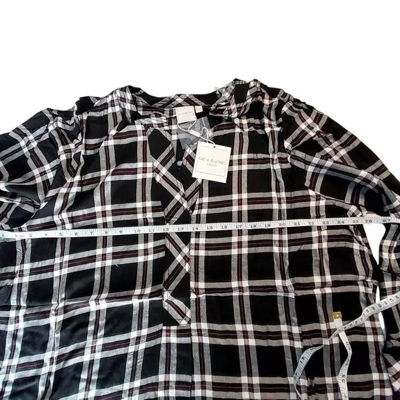Zac & Rachel Womens Size 2X Black/White Plaid V-Neck Tie-Front Blouse 100% Rayon - Picture 3 of 12